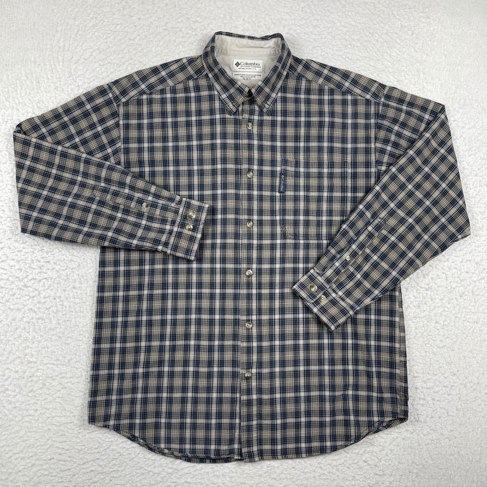 Columbia Button Down Shirt Mens Large Blue Tan Plaid Long Sleeve Cotton Outdoor